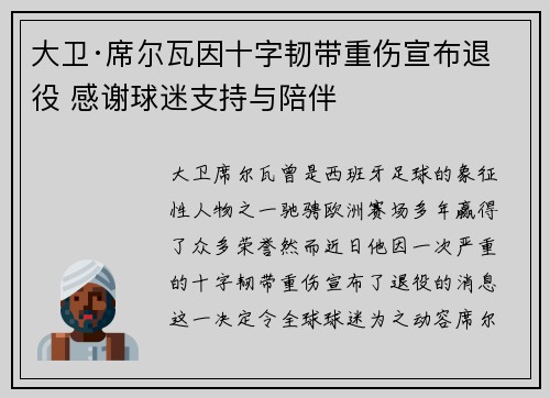 大卫·席尔瓦因十字韧带重伤宣布退役 感谢球迷支持与陪伴 大卫·席尔瓦因十字韧带重伤宣布退役 感谢球迷支持与陪伴
