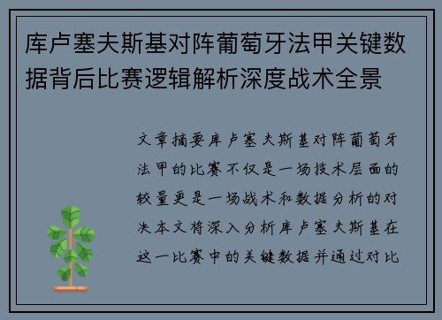 库卢塞夫斯基对阵葡萄牙法甲关键数据背后比赛逻辑解析深度战术全景