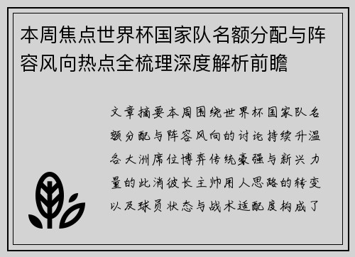 本周焦点世界杯国家队名额分配与阵容风向热点全梳理深度解析前瞻