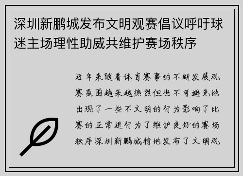 深圳新鹏城发布文明观赛倡议呼吁球迷主场理性助威共维护赛场秩序