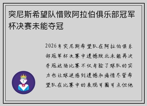突尼斯希望队惜败阿拉伯俱乐部冠军杯决赛未能夺冠