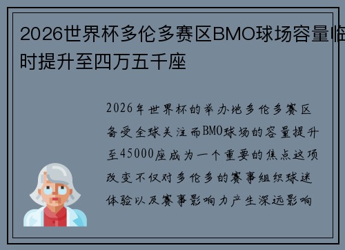 2026世界杯多伦多赛区BMO球场容量临时提升至四万五千座
